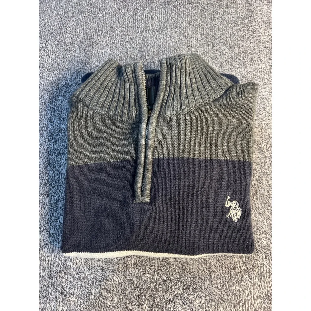 US Polo Assn Mens Quarter Zip Striped Sweater Blue Grey SRUF9S5094 Medium